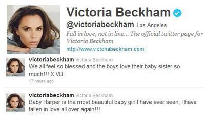 
	Victoria Beckham, pe Twitter: &ldquo;Harper este bebelusul cel mai frumos&rdquo;
