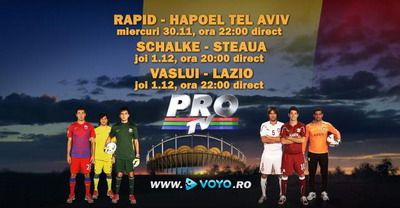 
	Joi, 1 decembrie,&nbsp;<span style="color:#f00;">Schalke - Steaua </span>si <span style="color:#f00;">Vaslui - Lazio</span>&nbsp;IN DIRECT pe Pro TV si pe voyo.ro!
