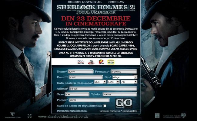 
	CONCURS:&nbsp;Castiga invitatii duble la film si premii originale jucandu-te de-a Sherlock Holmes!
