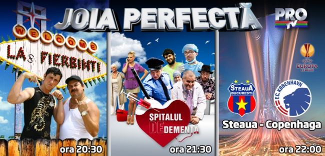 
	<span style="color: rgb(255, 0, 0);">Joia perfecta la ProTV</span> incepe de la 20:30 cu &quot;Las Fierbinti&quot;, continua cu &quot;Spitalul de dementa&quot; si se incheie cu fotbal
