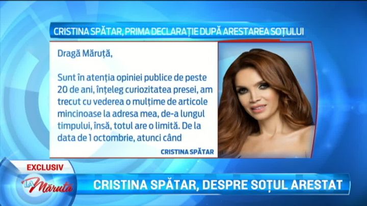 
	Cristina Spatar, prima declaratie dupa arestarea sotului ei. Afirmatiile in exclusivitate care vor inchide gura rautaciosilor
