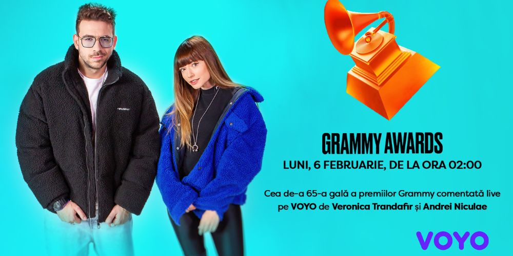 Veronica Trandafir și Andrei Niculae comentează LIVE Premiile Grammy!  Luni, 6 februarie, de la ora 2:00, pe VOYO!